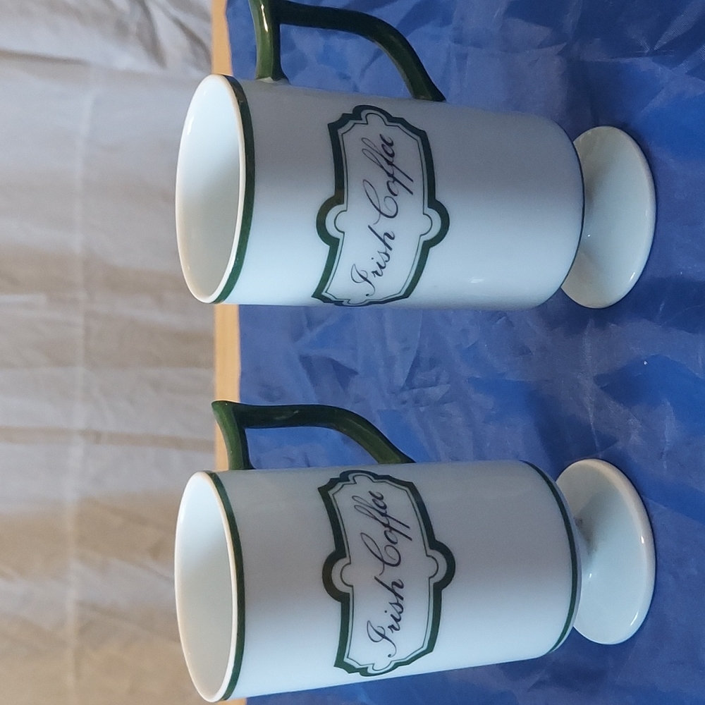 Irish Coffee Mugs, Footed Tall Ceramic Coffee Cups, Green and White
